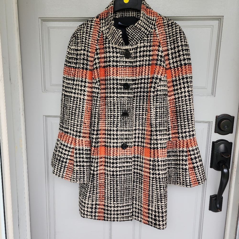 Carlisle Black White Orange Coat Wool Mohair Houndstooth Button Front Size 10
